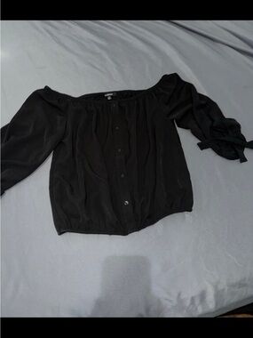 Black Off the Shoulder Bow Long Sleeve Button Blouse Size Medium